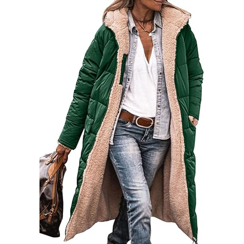 Beakey Womens Long Coats with Hood Fleece Lining Oversized Jackets-Green