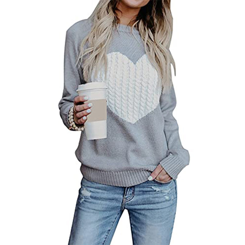 Beakey Women's Long Sleeve Pullover Sweater CrewNeck Cute Heart Knit Sweater-Grey
