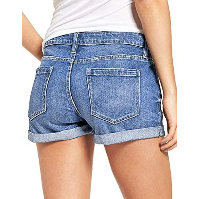 Beakey Women's Ripped Jean Shorts Mid Rise Stretchy Folded Hem Hot Pants-Blue-UX11323