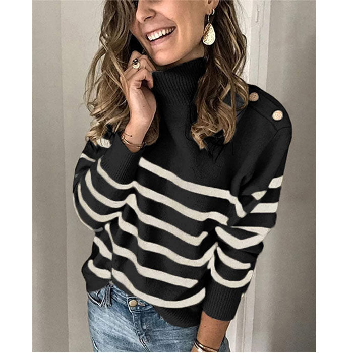 Beakey Women¡¯s Long Sleeves Knit Sweater Turtleneck Striped Loose Tops with Metal Button-Black-6222
