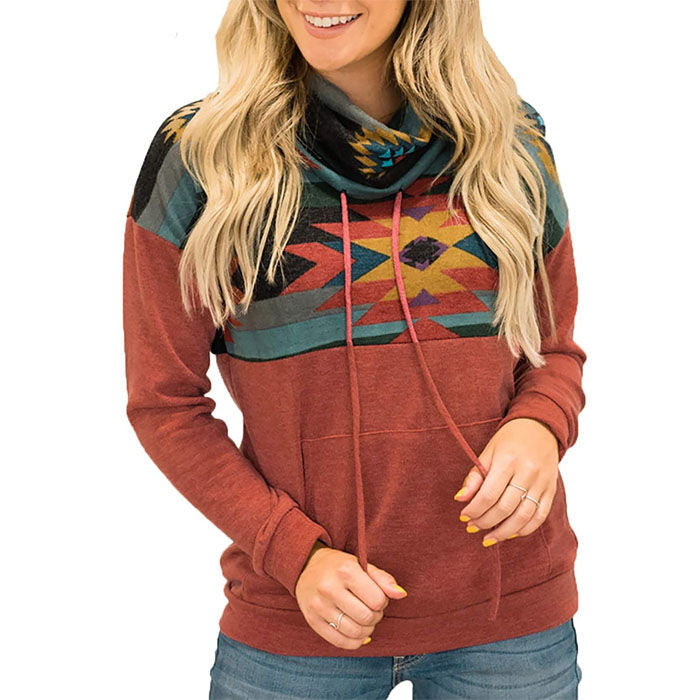 Beakey Women Turtleneck Color Block Pullover Sweatshirt Tops With Pockets-Red-HY201028
