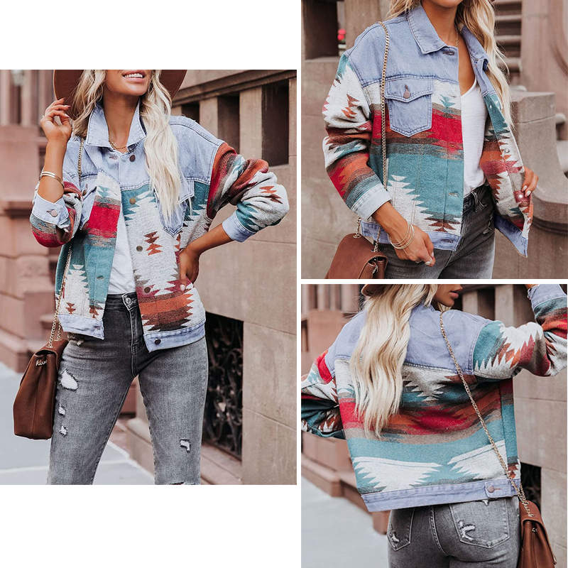 Beakey Womens Cropped Denim Jacket Aztec Print Vintage Casual Coat-LightBlue