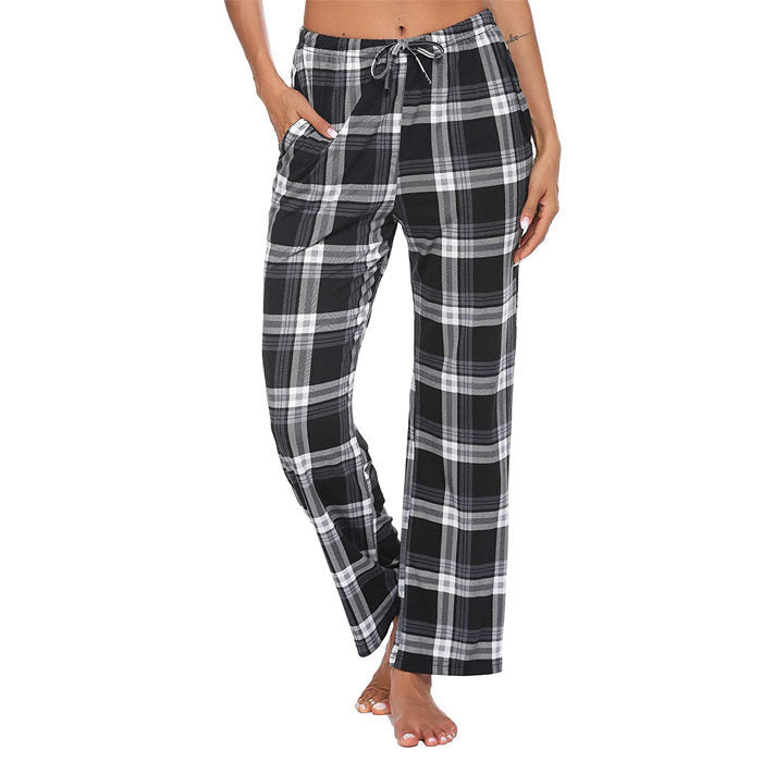 Beakey Women Lounge Pants Comfy Pajama Bottom Stretch Plaid Drawstring Bottoms Pants-Black-SP127