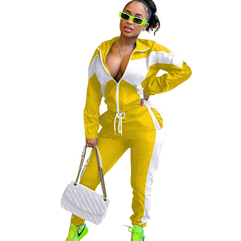 Beakey Womens Windbreaker Jacket Pants Colorblock Patchwork Tracksuit-Yellow