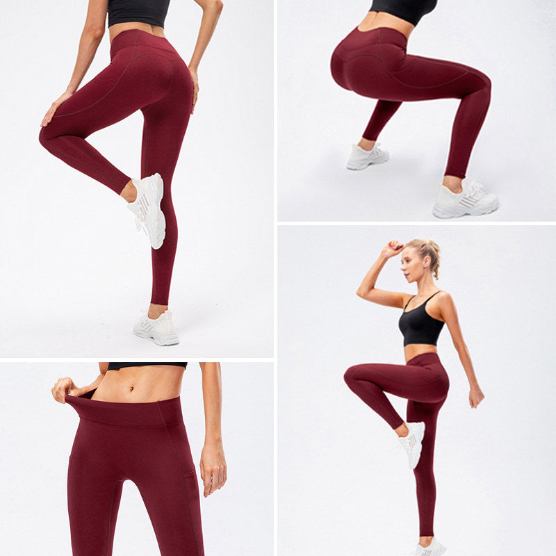 Beakey Womens Fleece Leggings with Pockets Tummy Control Thermal Yoga Pants-Red