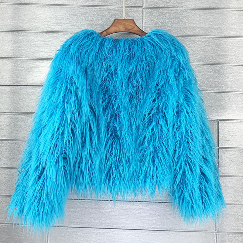 Beakey Womens Shaggy Faux Fur Outwear Short Thermal Coat-Lake Green