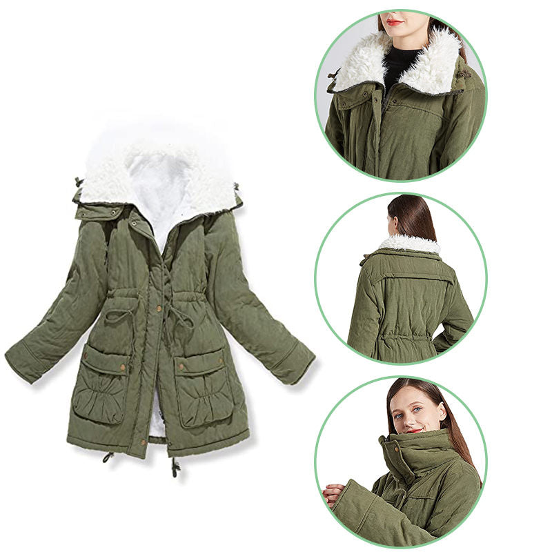 Beakey Women's Mid Length Winter Coat Thickened Warm Lamb Wool Lined Jacket-Navy Blue