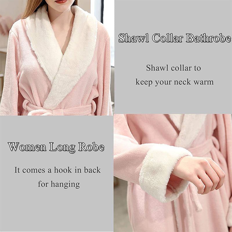 Beakey Womens Winter Robe Soft Plush Warm Spa Long Bathrobe Pajamas-Pink