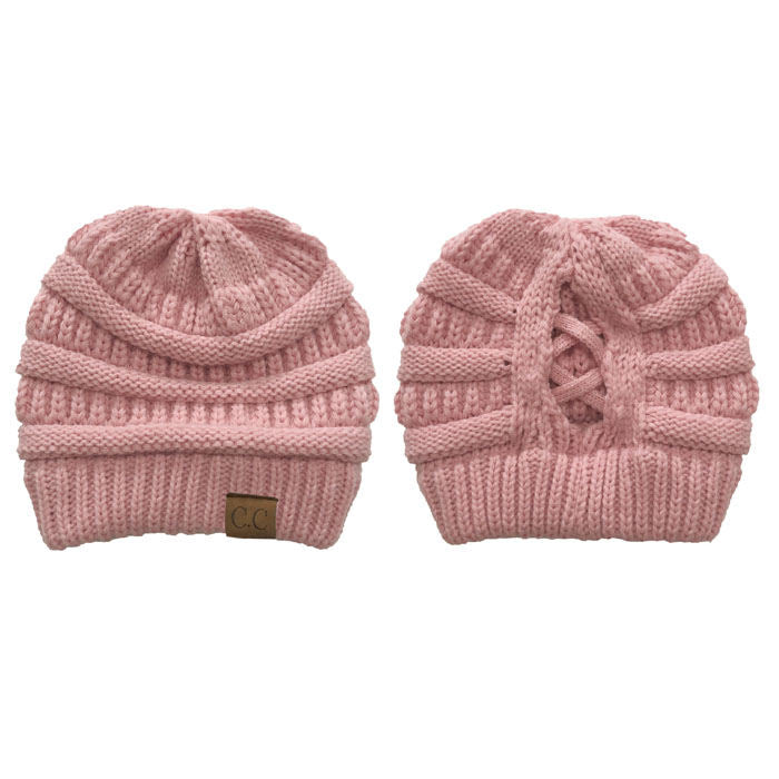 Beakey Soft Stretch Cable Knit Hat Ponytail Beanie Winter Hat For Women-Pink