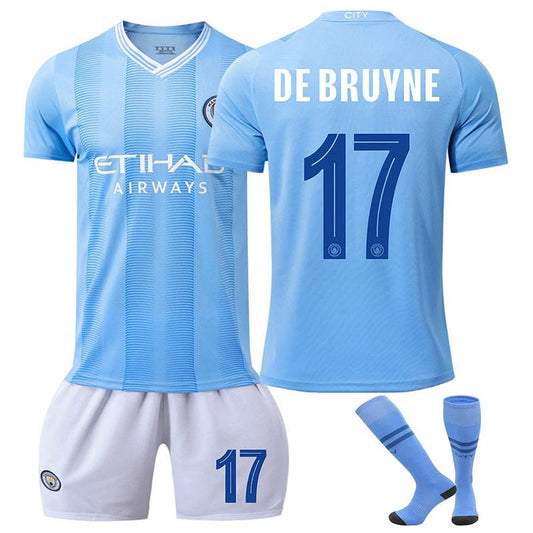 Beakey Manchester City Home DE BRUYNE #17 Soccer Jersey Kids Adult 3Pcs Kits