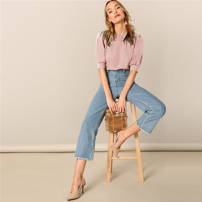 Beakey Women's Unique Puff Sleeve Casual Solid Top Pullover Keyhole Back Blouse-Pink-8821