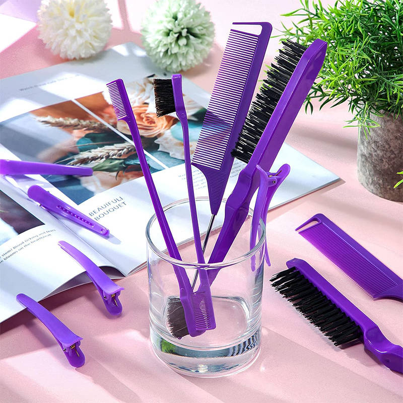 Beakey 12 Pieces Hair Brush Set Nylon Teasing Hair Brushes Rat Tail Combs with Duckbill Clips for Women-Purple