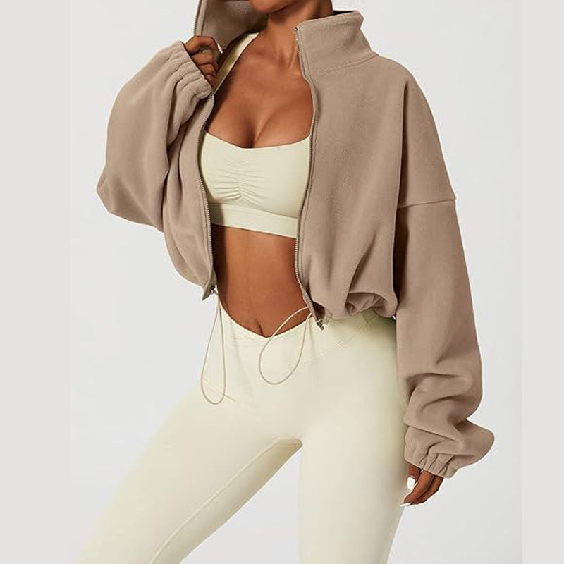Beakey Womens Fleece Crop Jacket Full Zip Stand Collar Winter Coat-Oatmeal
