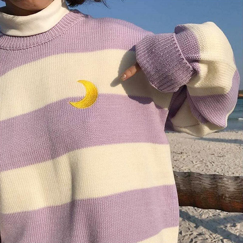 Beakey Womens Kawaii College Style Sweater Contrast Striped Moon Pullover-Purple