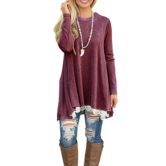 Beakey Women's Crew Neck Long Sleeve Lace Splicing Shirt Long Tunic Blouses-Wine Red-1228
