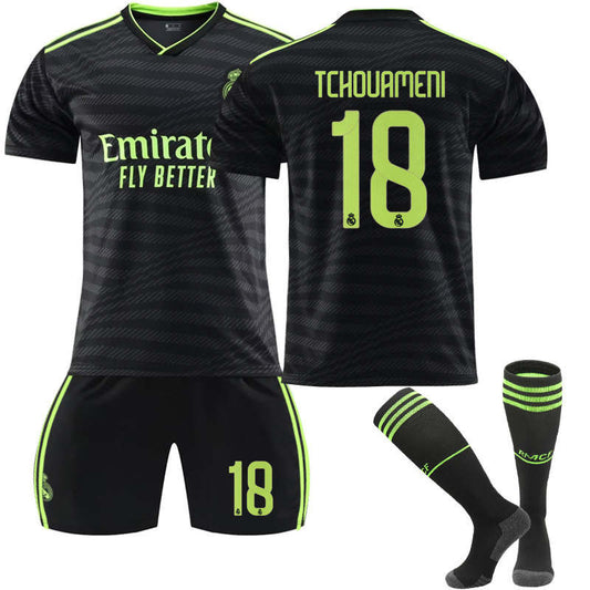 Beakey Real Madrid Second Away Jersey 2022-23 TCHOUAMENI #18 Soccer Jersey Kids Adult 3-Pieces Jersey Kits
