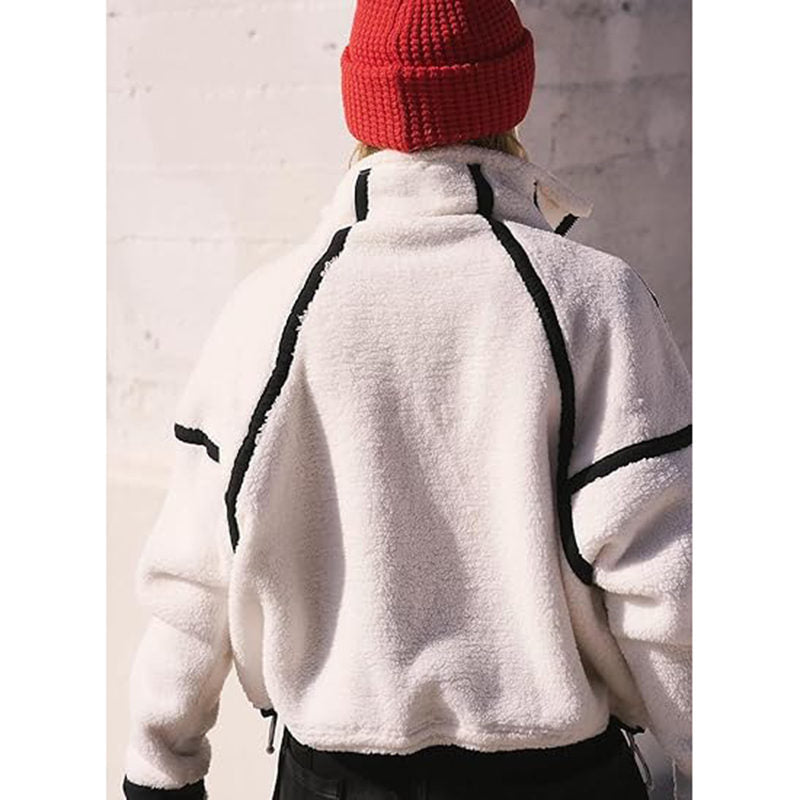 Beakey Womens Fleece Sweatshirts Half Zip Workout Crop Tops with Pockets-White