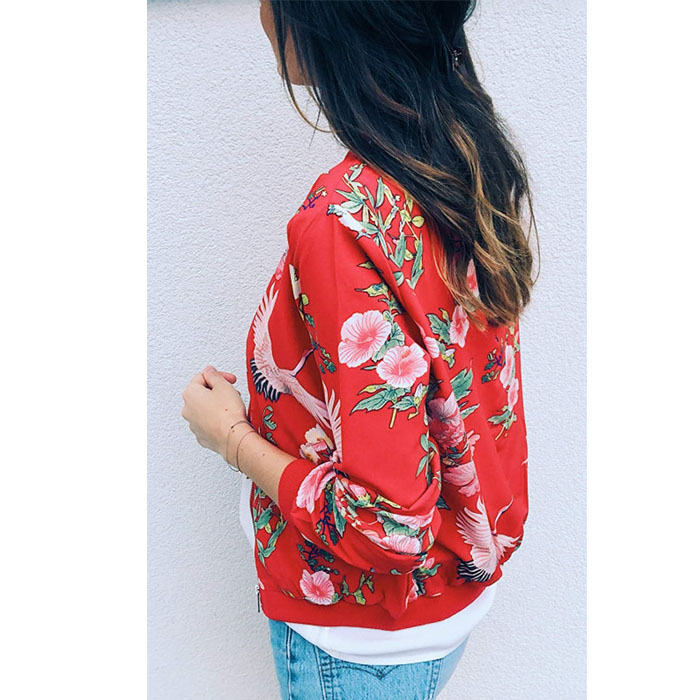 Beakey Women's Fashion Zip Up Casual Jacket Coat Short Outwear Flower Printing Tops-Red-8795