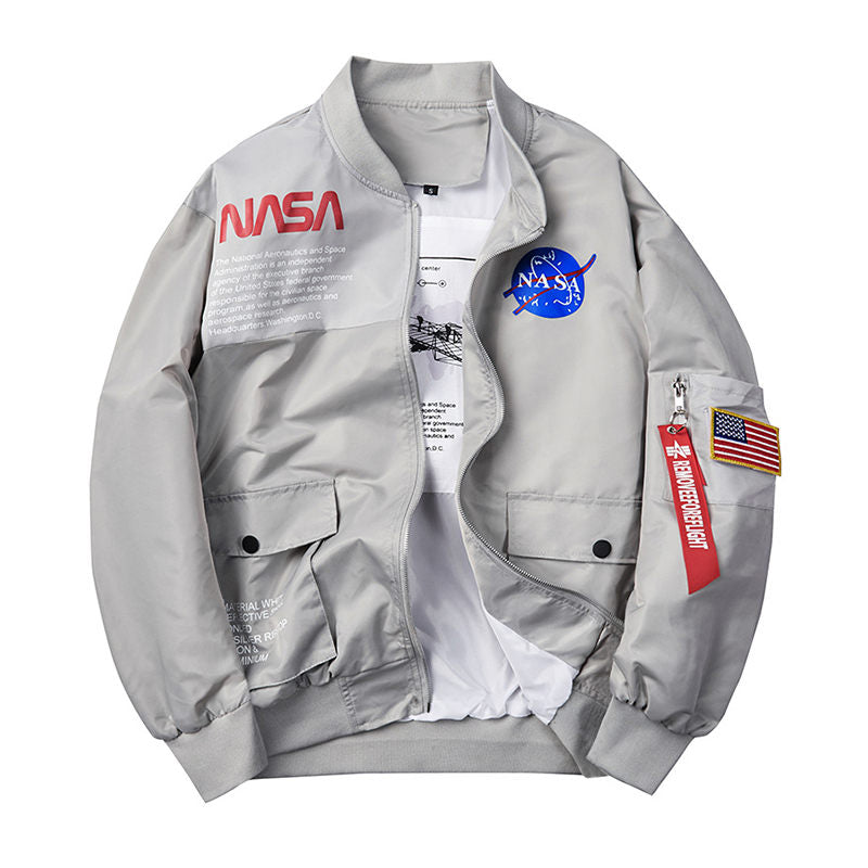 Beakey Mens Biker Flight Jacket Big Pocket Letter Print Windbreaker-Grey