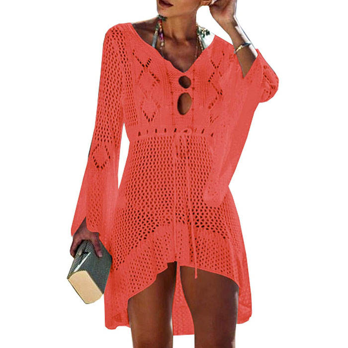 Beakey Women Beach Swimsuit for Women Flared Sleeves Coverups Bikini Loose Cover Up Net-Orange