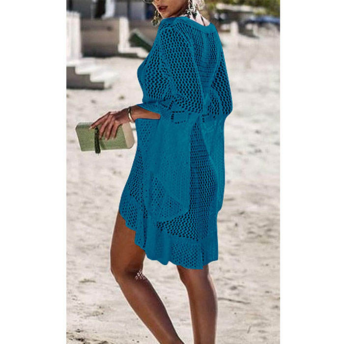 Beakey Women Beach Swimsuit for Women Flared Sleeves Coverups Bikini Loose Cover Up Net-Peacock Blue