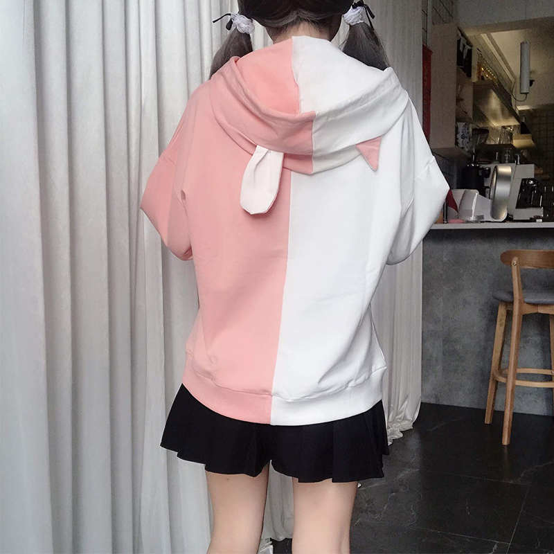 Beakey Womens Cute Hoodie Cat Rabbit Patchwork Pullover-BlackWhite