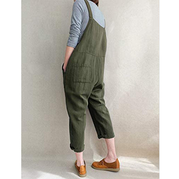 Beakey Women's Casual Baggy Cotton Linen Jumpsuit Overalls With Pockets-Green-5859