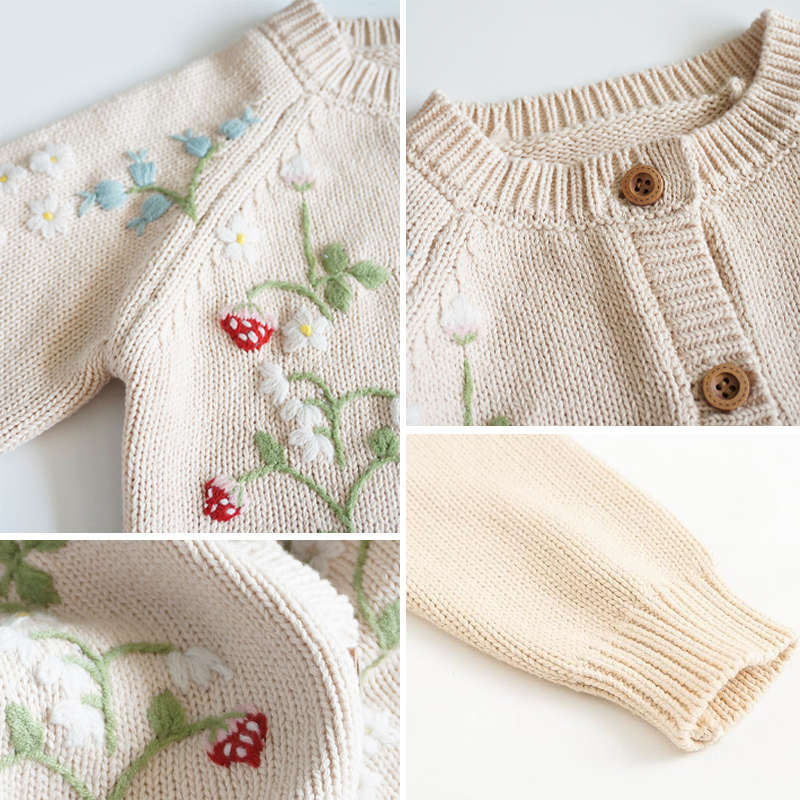 Beakey Toddlers Girls Sweater Embroidered Strawberry Knitted Cardigan-Beige