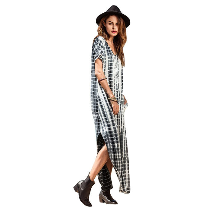 Beakey Women's Boho Maxi Summer Casual Short Sleeve V-neck Dye Split Fork Long Dress-Black