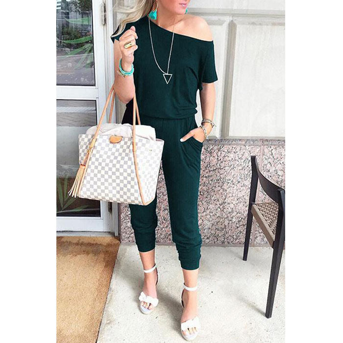 Beakey Women's Loose Solid Off Shoulder Elastic Waist Stretchy Long Romper Jumpsuit with Pockets - Dark Green