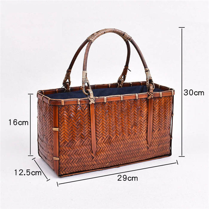 Beakey Retro Womens Bamboo Handbag Handmade Large Tote Bag Wicker Summer Straw Basket Bag-Dark Red