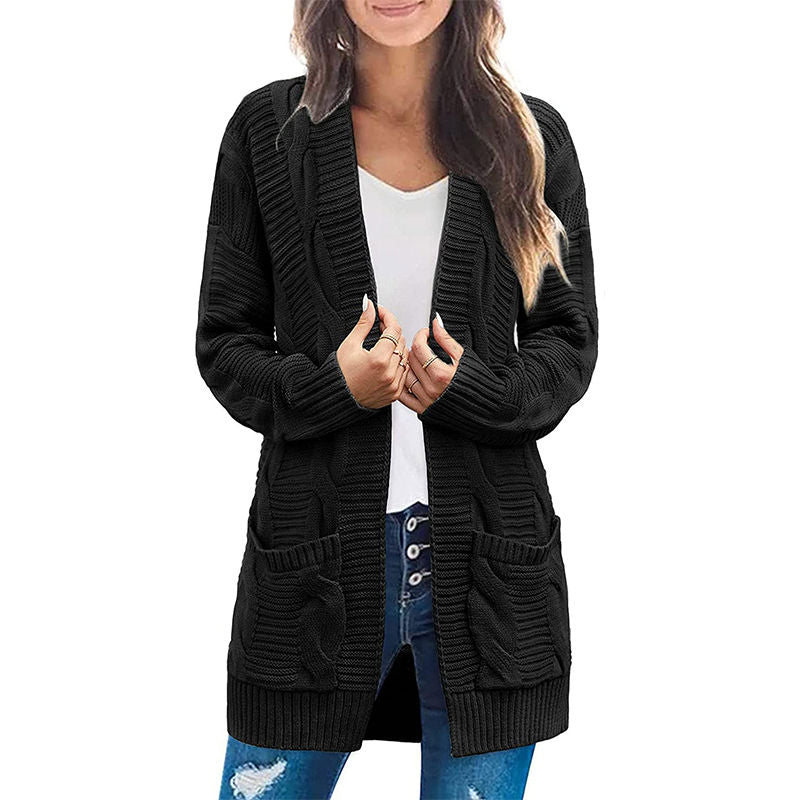 Beakey Womens Long Sleeve Cable Knit Cardigan Sweater Mid Length Coat-Black