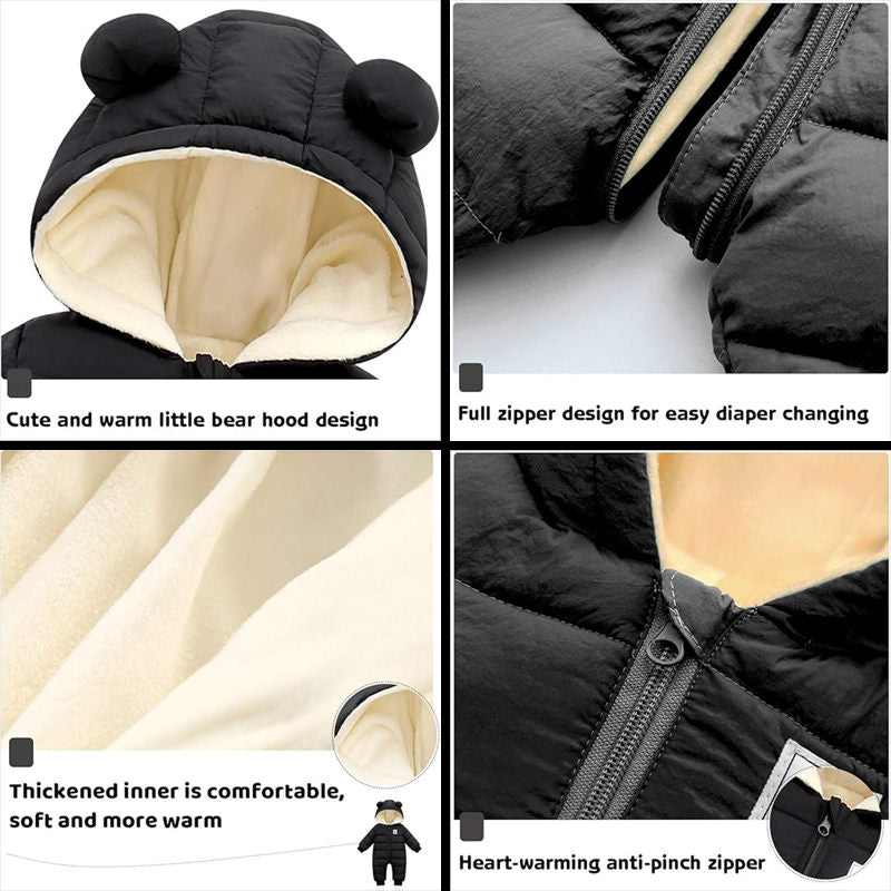 Beakey Cute Baby Snowsuit Zipper Closure Super Warm Hoodie Romper-Black