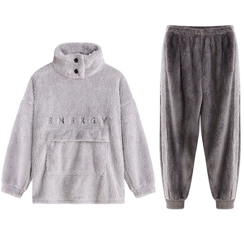 Beakey Thickening Coral Fleece Pajamas Set for Women-LightGrey