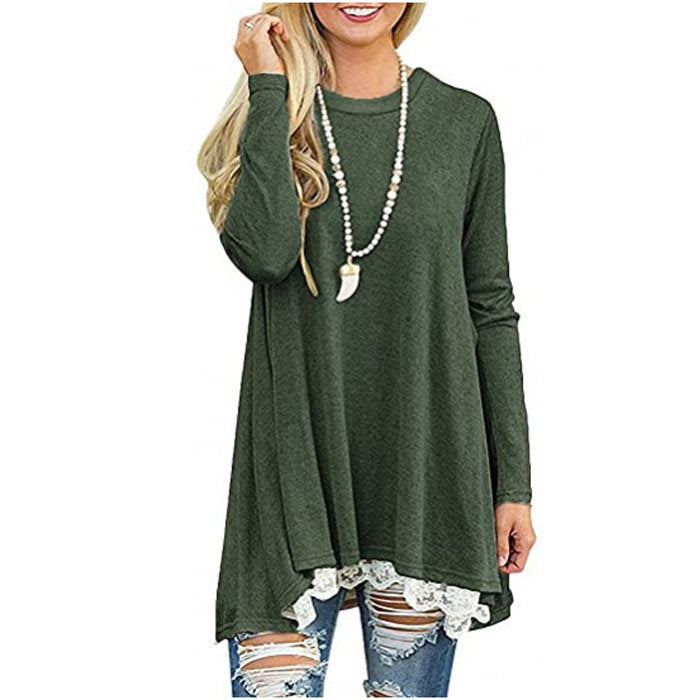 Beakey Women's Crew Neck Long Sleeve Lace Splicing Shirt Long Tunic Blouses-Army Green-1228