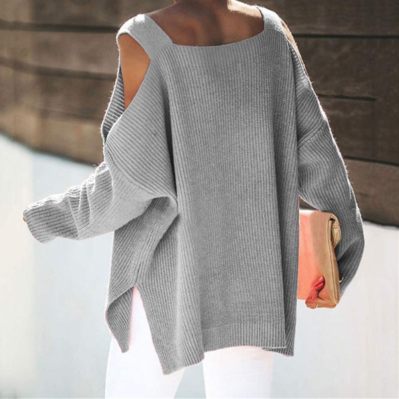 Beakey Womens Off Shoulder Oversized Sweater Fashion Knit Tunic Tops-Grey