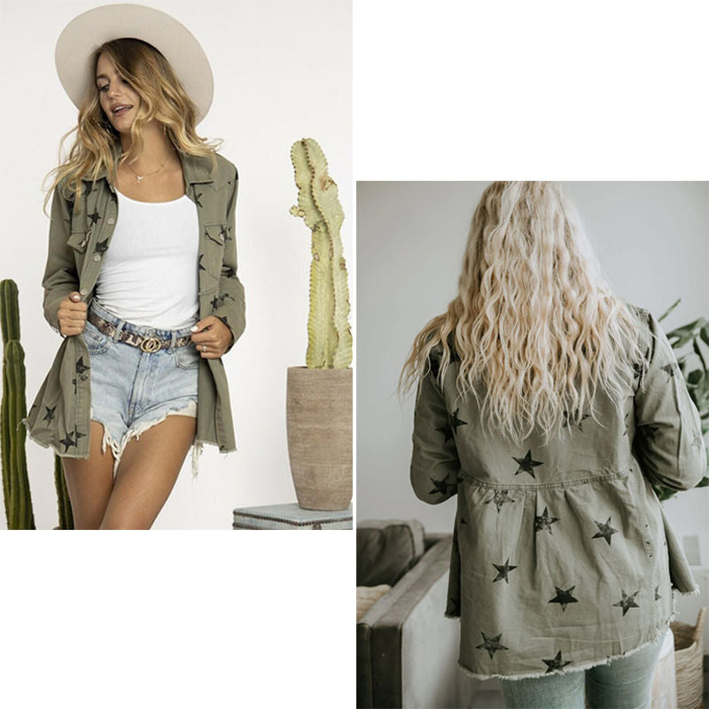 Beakey Star Print Jacket for Women Frayed Hem Distressed Denim Coat-Green