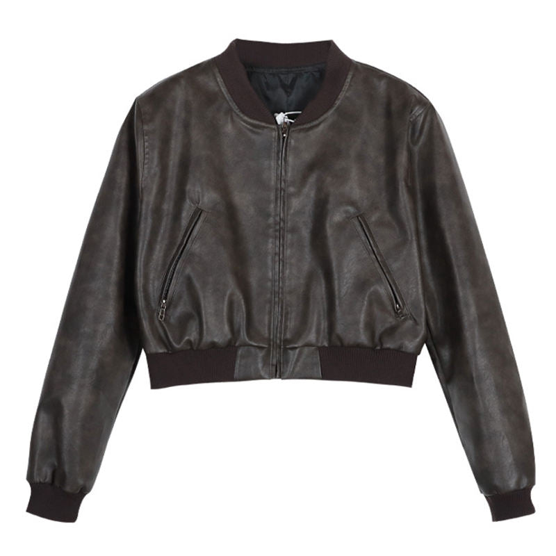 Beakey Womens PU Leather Jacket Crop with Zipper Pockets Bomber Outwear