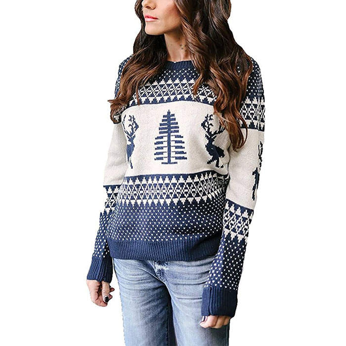 Beakey Women Long Sleeve Christmas Tree Reindeer Holiday Knit Sweater Pullover-Dark Blue-CFB0032
