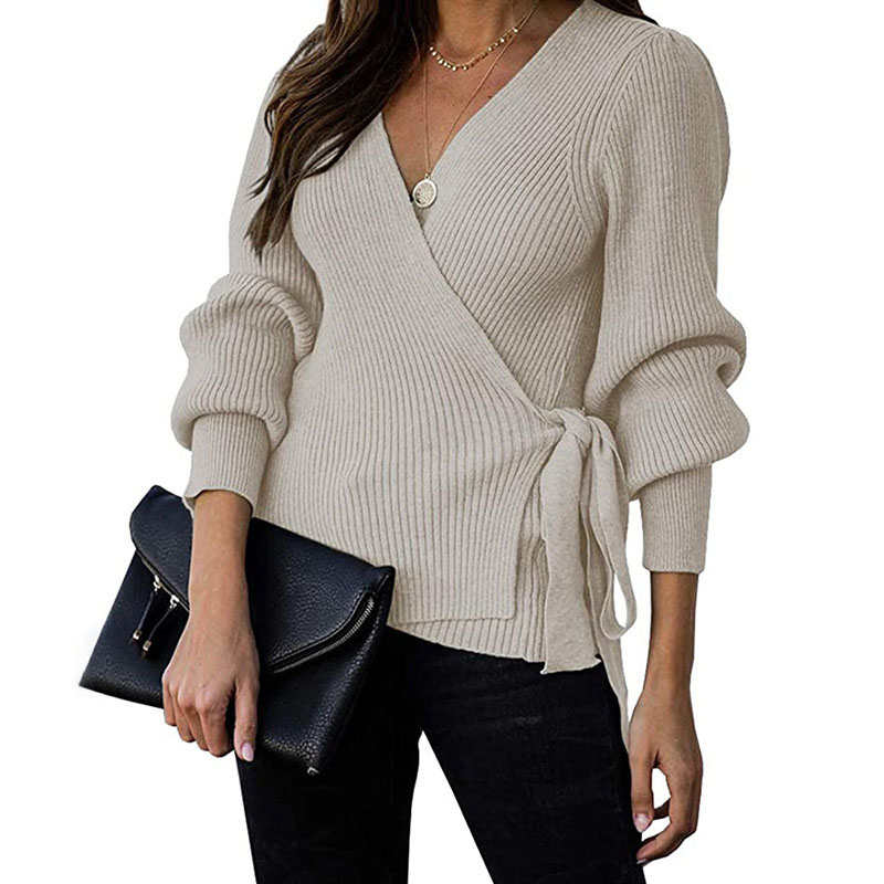 Beakey Womens Sexy V Neck Oversized Sweater Balloon Sleeve Knit Pullover-Apricot