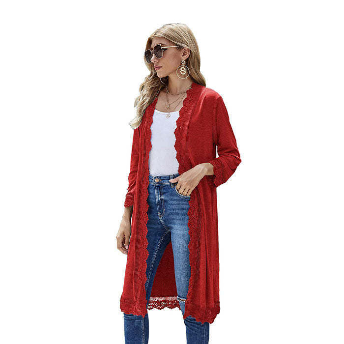 Beakey Women's 3/4 Sleeve Lace Flower Trim Casual Long Cardigan Cover Up Loose Blouse Knitting Outerwear-Red Wine