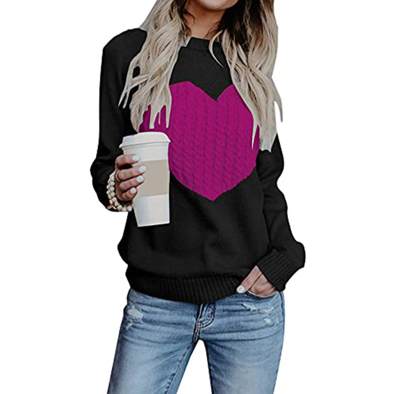 Beakey Women's Long Sleeve Pullover Sweater CrewNeck Cute Heart Knit Sweater-Black Rose