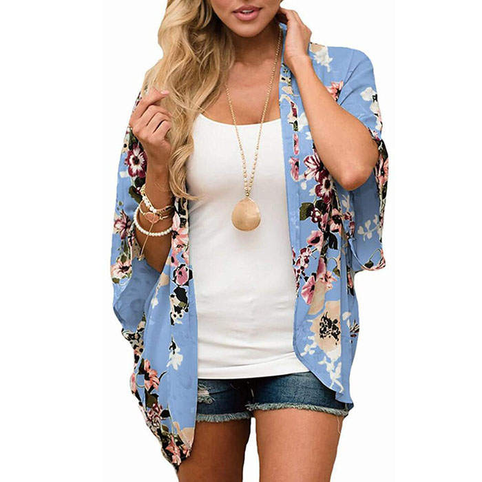 Beakey Women's Summer Floral Print Kimonos Loose Half Sleeve Chiffon Cardigan Blouses Casual Cover Up - Blue