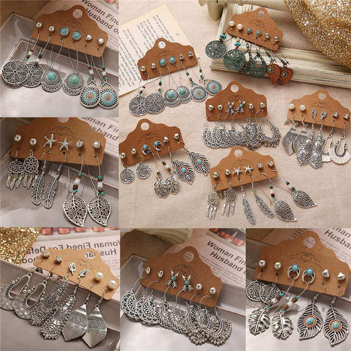 Beakey 36 Pairs Fashion Hollow Drop Dangle Earrings Set Bohemian National Style Eardrop With Bronze-Silver Series