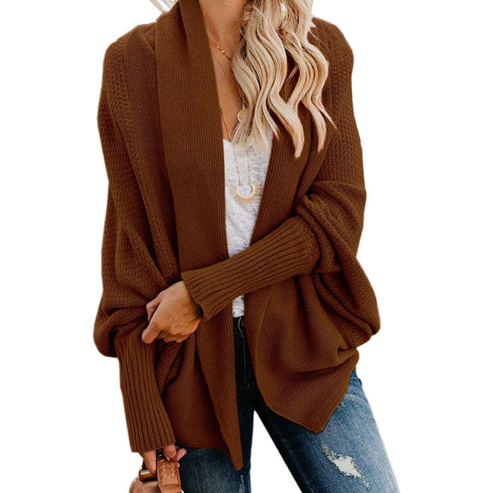 Beakey Women's Batwing Knitted Oversized Slouchy Solid Cardigan Sweater Knit Outwear-Brown