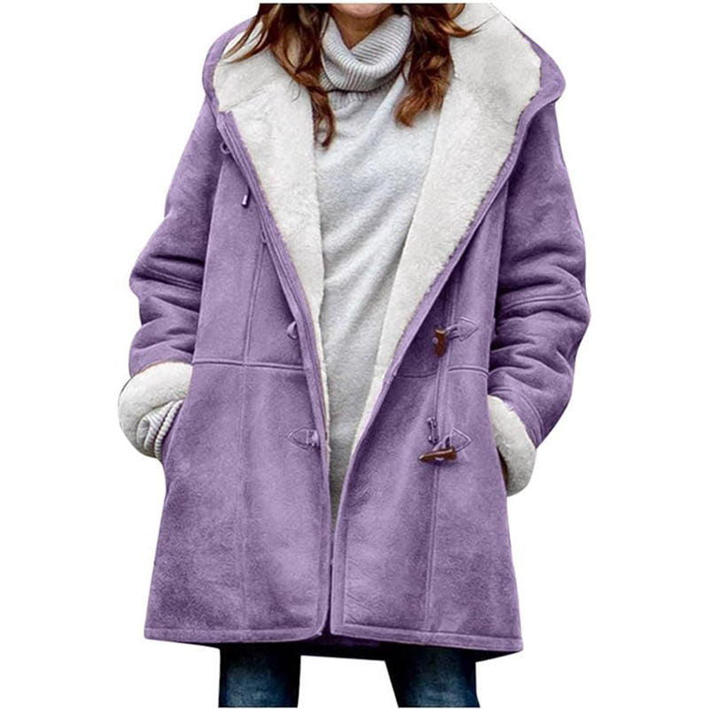 Beakey Fleece Jackets for Women Horn Button Winter Hooded Outwear-Purple