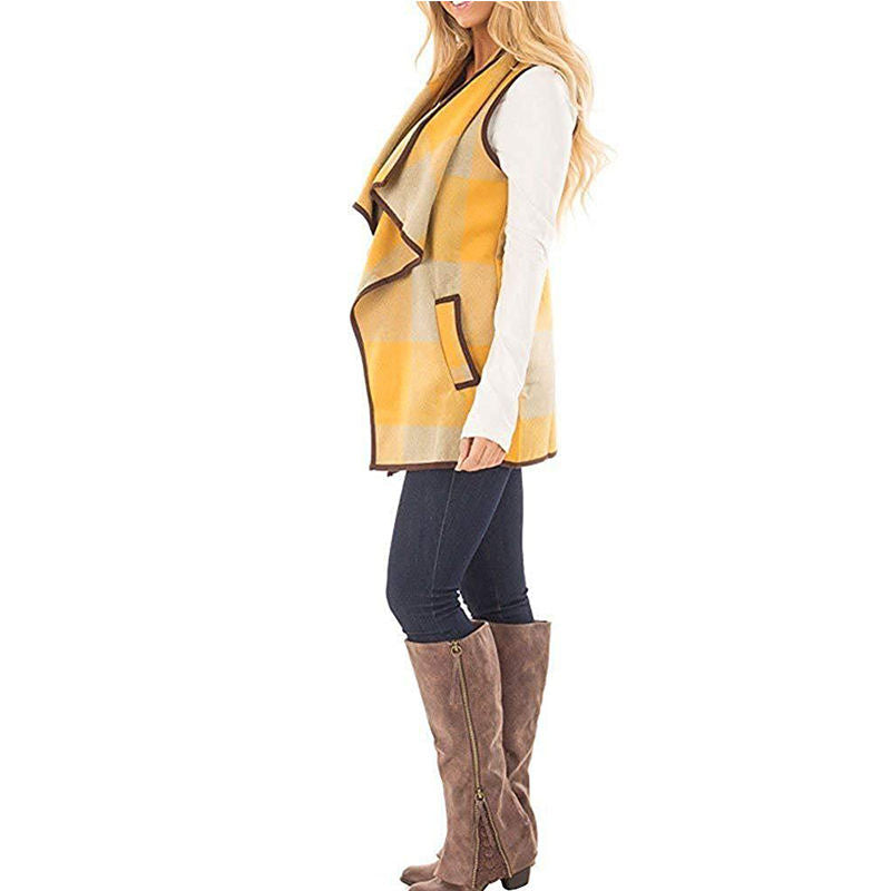 Beakey Womens Casual Lapel Open Front Plaid Vest Cardigan with Pockets-Yellow
