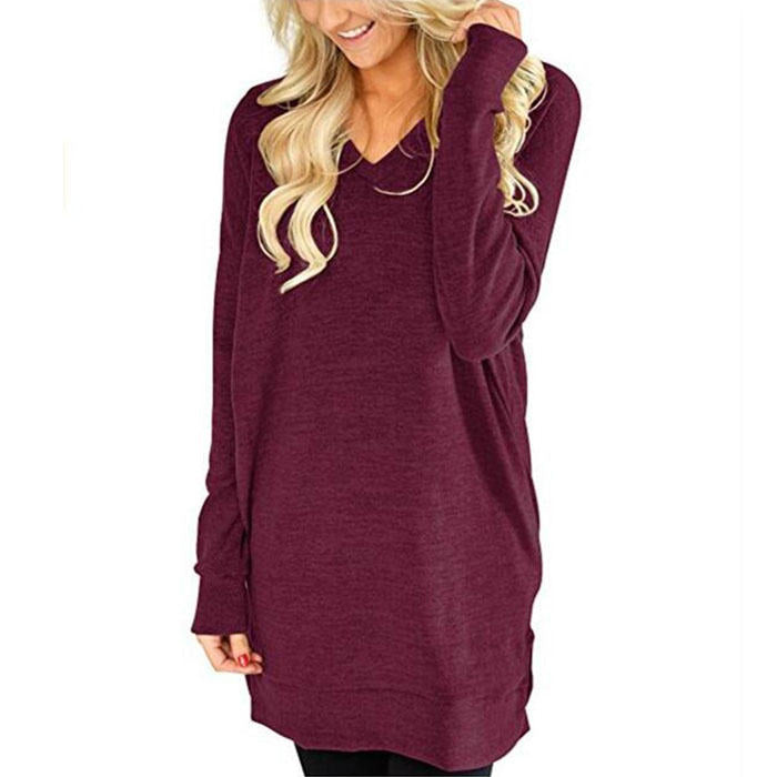 Beakey Womens Casual V Neck Long Sleeves Pocket Solid Color Sweatshirt Split Tops-Wine Red-W0083