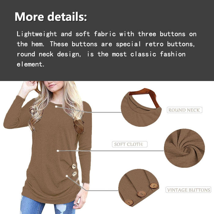 Beakey Women's Casual Long Sleeve Round Neck Loose T Shirt Blouse Tops-Khaki-88041