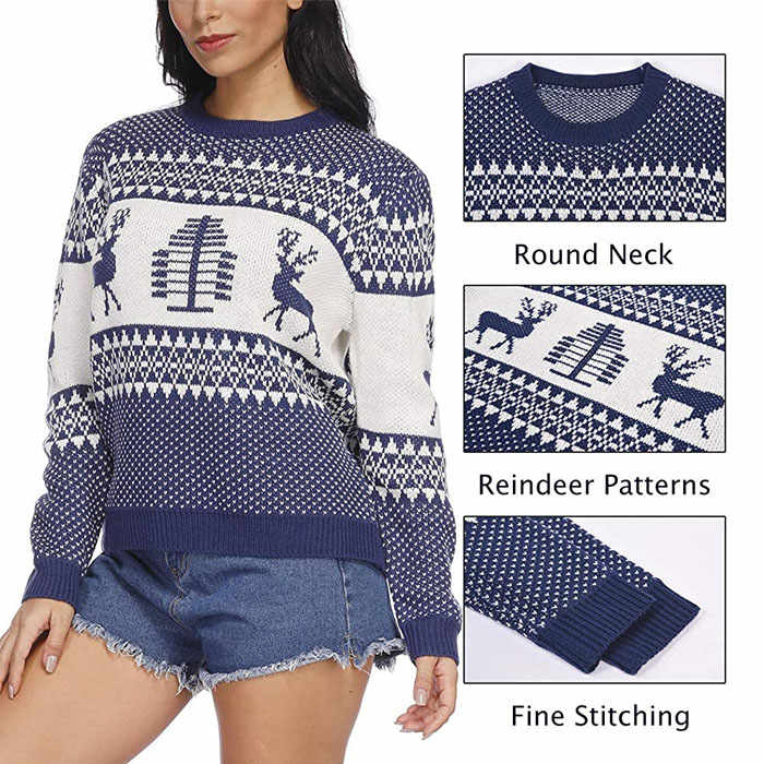 Beakey Women Long Sleeve Christmas Tree Reindeer Holiday Knit Sweater Pullover-Dark Blue-CFB0032